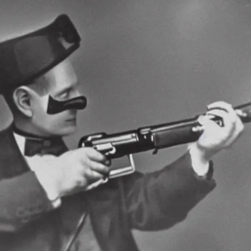 Image similar to a 1 9 2 0's bankrobber firing a tommy gun while floating in space