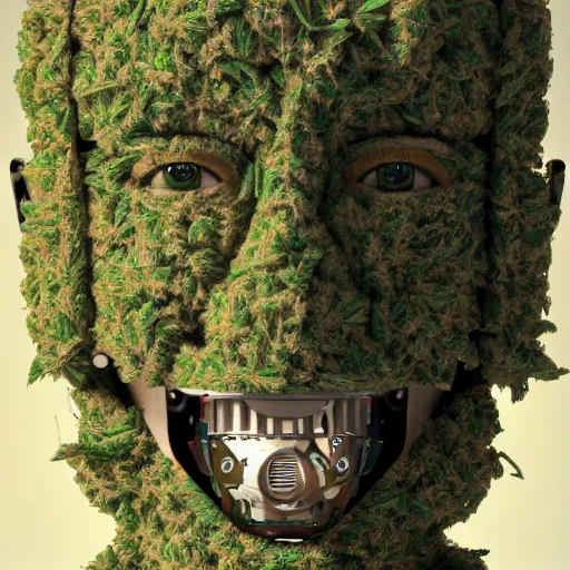 Image similar to an amazing deep portrait of a robot made of marijuana being smoked, intricate detail, volumetric lighting, 8 k, photorealistic, digital art trending on artstation