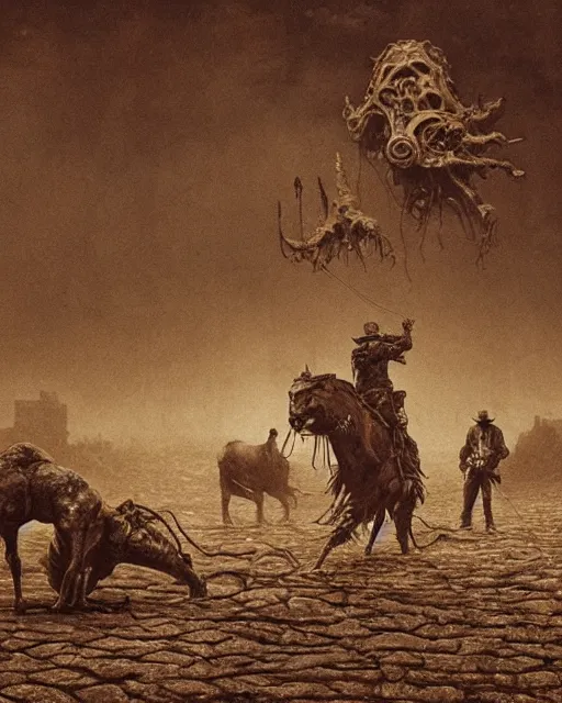 Image similar to cowboys vs lovecraftian monsters, vintage old, sepia, retrofuturism sci - fi old movie, highly detailed, photorealistic, 8 k, by beksinski and stalenhag