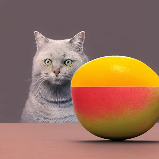 Image similar to multicolor 3 d render of funny cat as mango fruit by blender guru created at modern world in 4 k ultra high resolution, with funny feeling