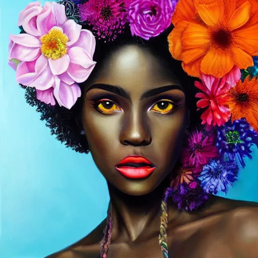 Prompt: super realistic painting of a black woman combined with flowers, colorful, highly detailed, 4k, trending on artstation