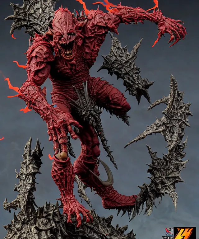 Image similar to hyperrealistic rendering, epic boss battle, ornate supreme orc goblin overlord wild hunt cletus kasady carnage nazgul, jewel crown, war armor battle, by art of skinner and richard corben and brock hofer and artgerm and greg rutkowski and alphonse mucha, product photography, collectible action figure, sofubi, hottoys, storm clouds, outside, lightning