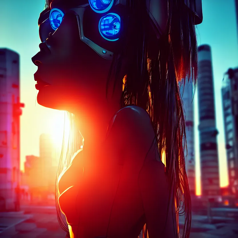 Image similar to a photo close up cyberpunk cyborg girl stands in a cyberpunk hiroshima, prefecture streets, sunset, photorealistic, cinematic lighting, very detailed, style by tomino - sama