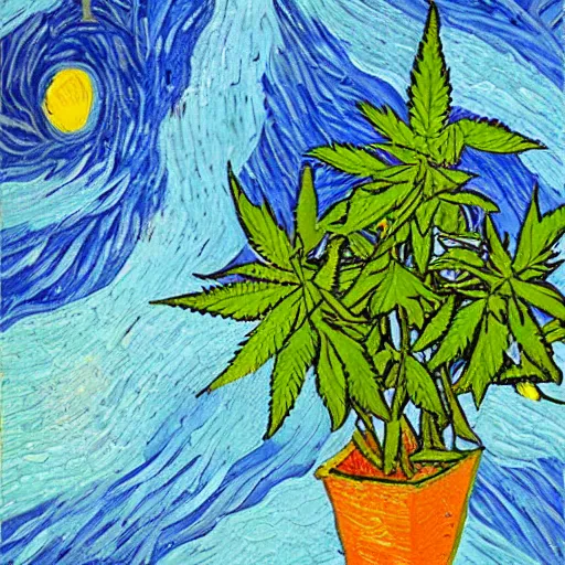 Image similar to jesus spreads his hands against the background of growing cannabis. an oil painting in the style of van gogh