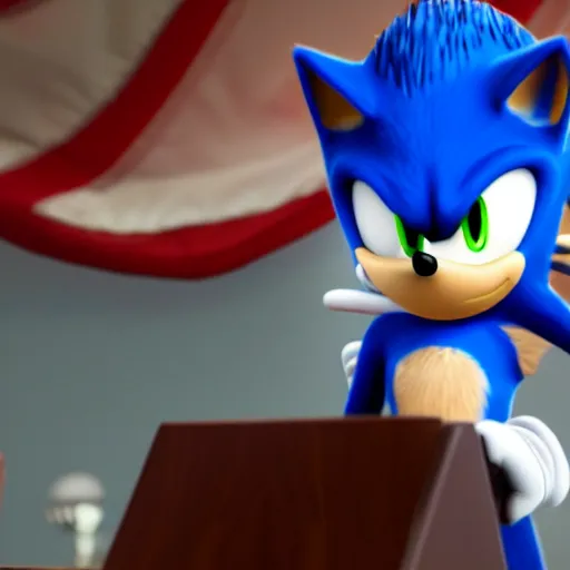 Image similar to Sonic the Hedgehog testifying before the US senate. Realistic, 8k, dramatic lighting, highly detailed.