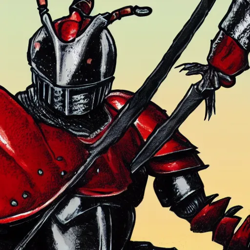 Image similar to Lobster Knight with a claw arm and a human arm holding a sword