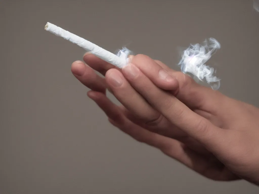 Prompt: Close-up view of hyperrealistic thin soft model's hand holding cigarette with smoke, hyper realistic photo, 4K