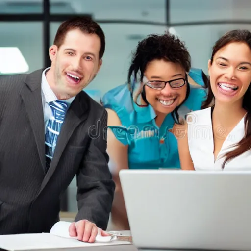 Prompt: happy people working in the office stock photo while godzilla is outside