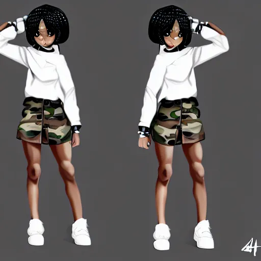 Prompt: black anime manga girl, wearing camo, white french bob, throwing punch to camera pose, realistic, 4 k, artstation, highly detailed, detailed face