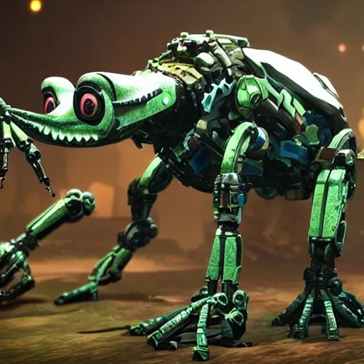 Image similar to a cybernetic robot frog from the game Horizon Zero Dawn. It is standing on all four of its legs.