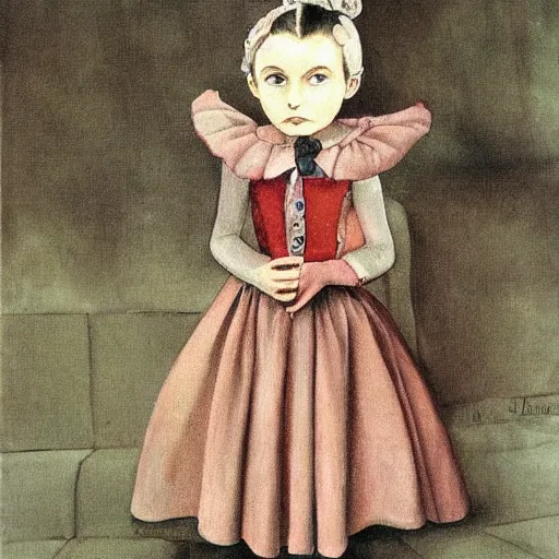 Image similar to little creepy girl wearing an gucci's outfit. art made by artgem, inspired by balthus, highly detailed, realistic, victorian style
