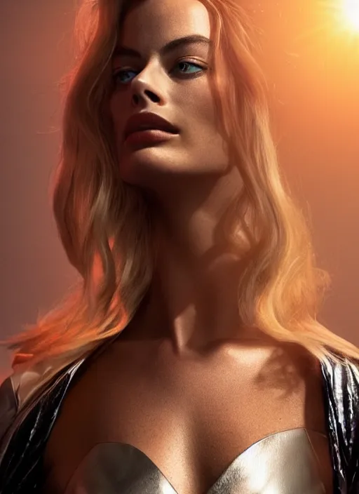 Image similar to beautiful Margot Robbie in a Solarpunk leather robe, accurate anatomy, abstract sun in background, shiny soft skin, soft lighting, sharp details, warm colors, full body portrait, 35 mm film, subsurface scattering, lens flare