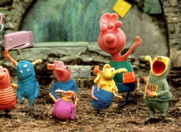 Image similar to a scene from a 1 9 7 0 s british kids tv programme by the bbc and oliver postgate, stop motion animation, the clangers, postman pat, vhs distortion, folk horror