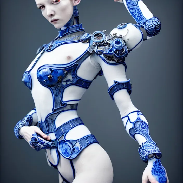 Image similar to porcelain cyborg, Chinese Blue and white porcelain exoskeleton 14th century, diffuse lighting, fantasy, intricate, elegant, highly detailed, lifelike, photorealistic, digital painting, artstation, illustration, concept art, smooth, sharp focus, art by John Collier and Albert Aublet and Krenz Cushart and Artem Demura and Alphonse Mucha