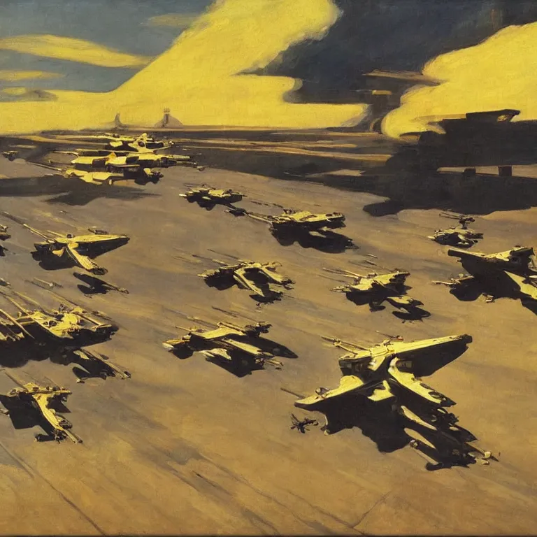 Prompt: Lush Painting of an Armada of X-Wing Fighters attacking Ancient Rome, oil painting by Edward Hopper Cinematic lighting