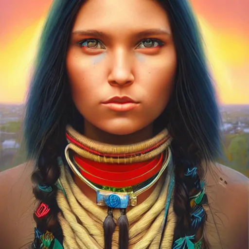 Image similar to London city portrait, native American girl, Pixar style, by Tristan Eaton Stanley Artgerm and Tom Bagshaw.