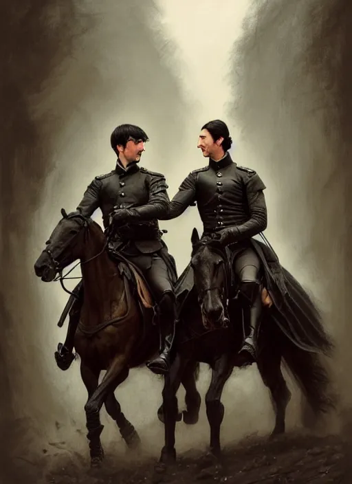 Image similar to painting of john oliver and adam driver together, riding horse, stoic, full body, military uniform, fantasy, intricate, elegant, beautiful, highly detailed, charcoal, centered, dark, smokey, digital painting, artstation, concept art, smooth, sharp focus, illustration, art by artgerm and greg rutkowski and alphonse mucha