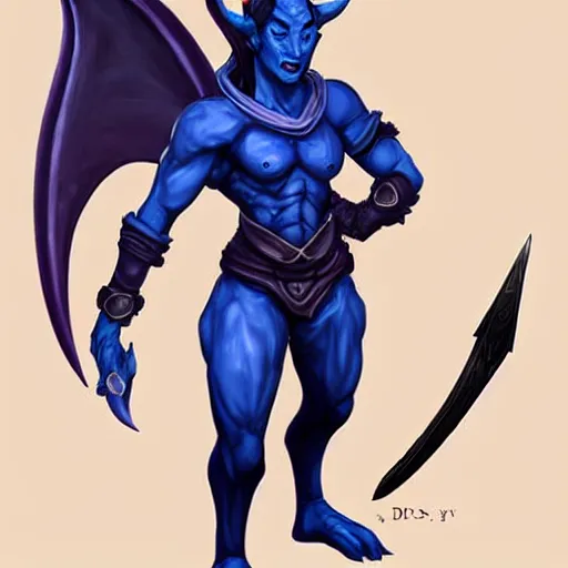 Image similar to D&D character concept art of a tiefling, tiefling rogue, blue skin color with short horns and a devil tail, casual pose of a Rogue holding daggers, full body pose, soft colors, fantasy, intricate, elegant, highly detailed, digital painting, artstation, concept art, smooth, sharp focus, illustration