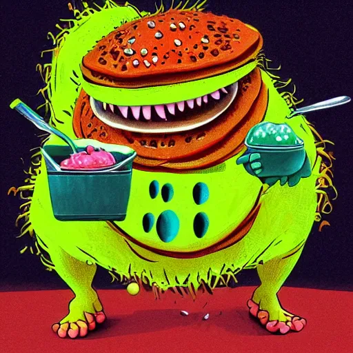 Image similar to a tennis ball monsters eating pancakes, colorful, digital art, fantasy, magic, chalk, trending on artstation, ultra detailed, professional illustration by basil gogos