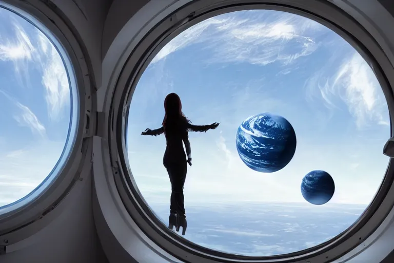 Image similar to sci-fi scene of space tourists in glamourous spaceship bedroom looking out large circular window at earth orbit By Emmanuel Lubezki