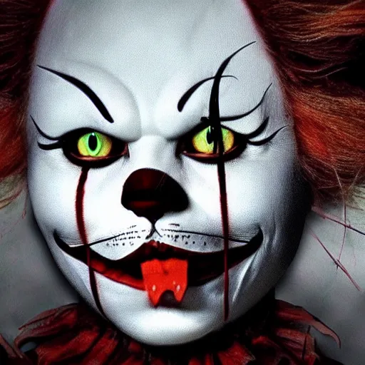 Image similar to a feline Pennywise, creepy, realistic