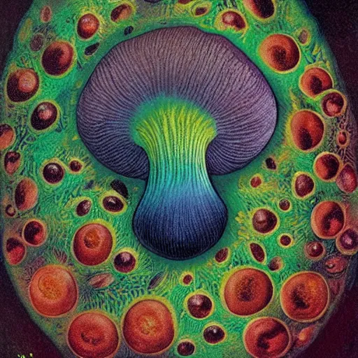 Prompt: the spore-bearing fruiting body of a fungus, typically in the form of a rounded multicolor cap on a relief stalk, especially one that is believed to be inedible or poisonous, fantasy art