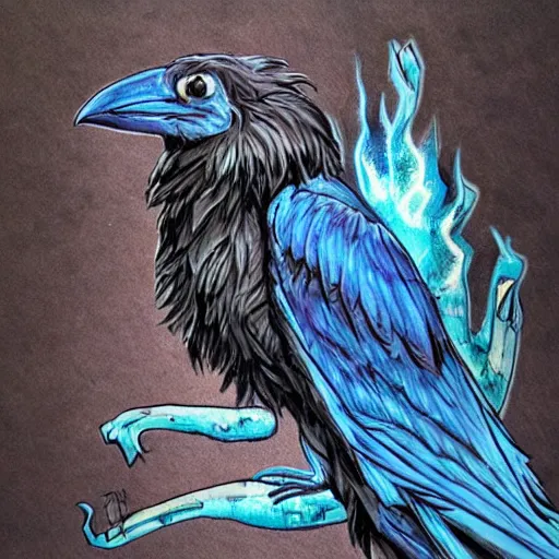 Image similar to raven, jioness, forest, blue flame, moon, art by Bryan Alfaro, award winning concept, highly detailed,