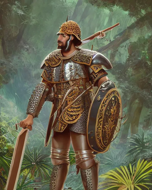 Prompt: 3d render of a spanish conquistador wearing ornate armor in a dense jungle, art by nicola saviori and studio ghibli and disney concept artists, fantasy, intricate, octane, trending on artstation, studio ghibli color scheme, cgsociety, detailed, 8k, concept art, anatomy, symmetric