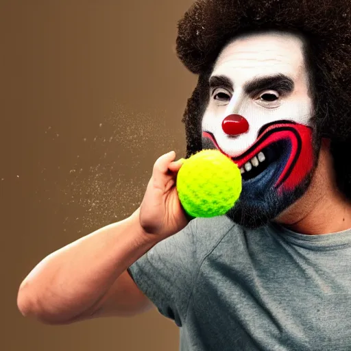 Prompt: homey d. clown hitting the man on the head with a sock full of tennis balls, 4k, hyperrealistic, cinematic