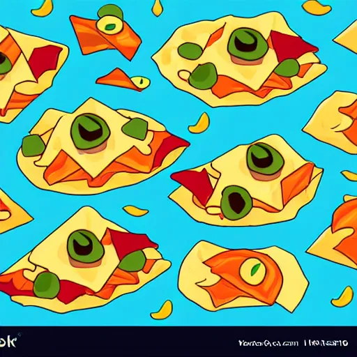 Prompt: cute adobe illustration nachos with cheese and jalapeno illustrations, white background, drawing, cartoon,