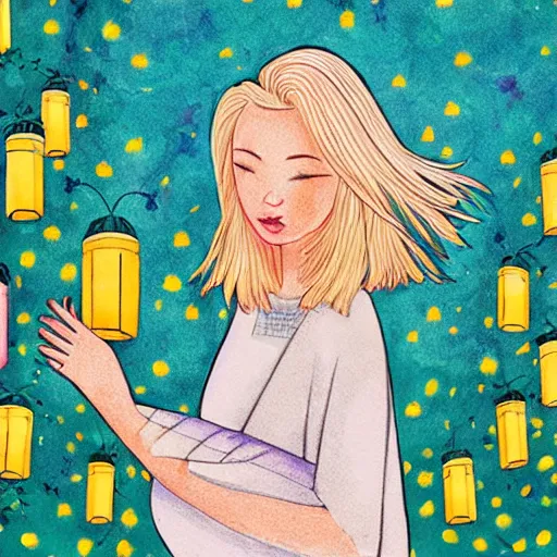 Prompt: a beautiful blonde girl with hair blowing in the wind, in a garden of lanterns and fireflies, illustration by trina schart hyman