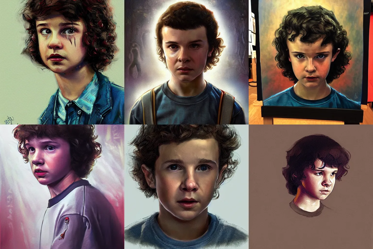 Prompt: Dustin from stranger things, Craig Mullins, Portrait, featured on art station, Very curly medium length hair, confused, upside down dimension