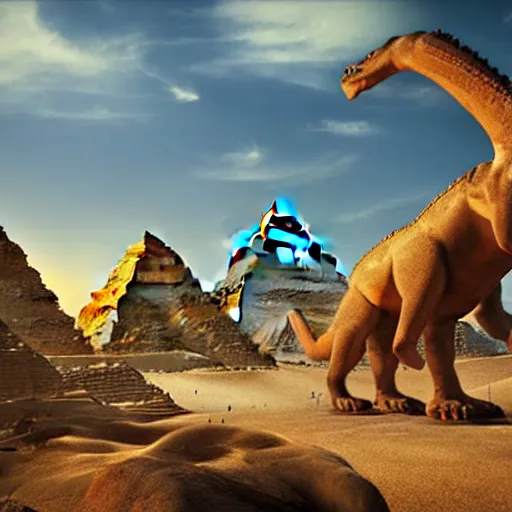 Prompt: ancient egyptian landscape with a giant stegasaurus guarding the pyramids, high quality digital art, cinematic sky, unreal engine