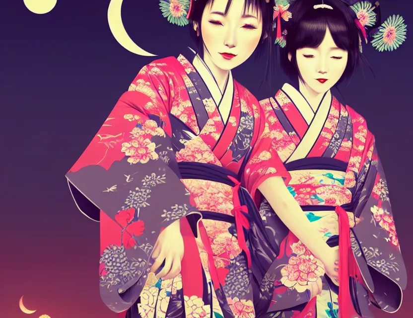 Image similar to two beautiful charming japan girls wear arty kimono in festival | | sunny night, full moon, dreamlike art, realistic shaded, smile, good looking, hyper details, 4 k realistic, cryengine, realistic shaded lighting poster by ilya kuvshinov, fuji choko, ross tran, 8 k resolution, trending on artstation, luxury