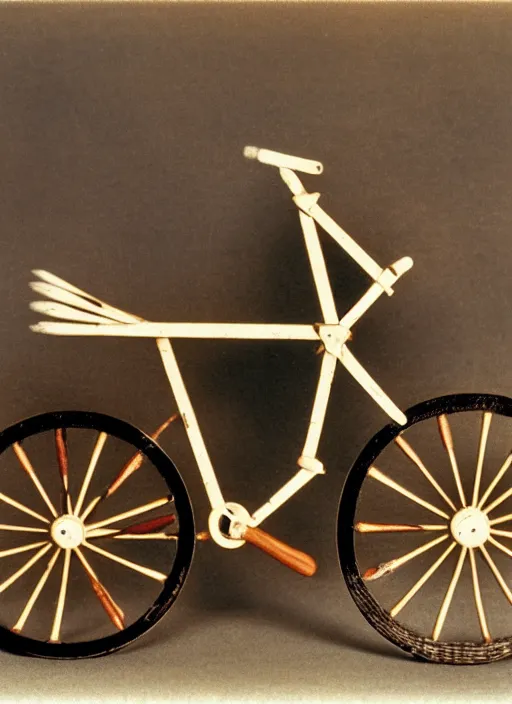 Image similar to realistic photo of a a medieval ritual astronomy appliance bicycle, made of wood white clay black plastic 1 9 9 0, life magazine reportage photo, natural colors, metropolitan museum collection