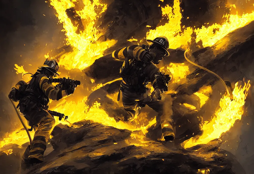 Prompt: one heroic firefighter in action in black and yellow uniform, fire flames, sharp details, sharp focus, photorealistic, octane, hyper detailed, trending on deviantart, illustration, by jordan grimmer and greg rutkowski and pine ( ハイネ ), intricate