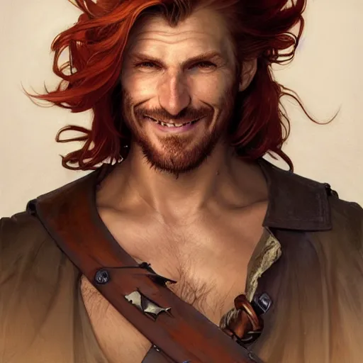 Prompt: portrait of a young ruggedly handsome but joyful pirate, male, masculine, upper body, red hair, long hair, d & d, fantasy, giddy smirk, intricate, elegant, highly detailed, digital painting, artstation, concept art, matte, sharp focus, illustration, crimson hair, art by artgerm and greg rutkowski and alphonse mucha