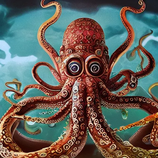 Image similar to the sacred octopus god of the alien people of the ocean world of tao city phi, as he is his worshiped in the architectures of the elaborate and hyperdetailed self - transforming landscape