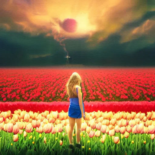 Prompt: large tulip in front of face, girl standing in a flower field, surreal photography, sunrise dramatic light, impressionist painting, colorful clouds, digital painting, artstation, simon stalenhag, flower face