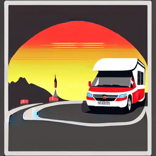 Image similar to stylized vector art featuring a white and black cute thor chateau! motorhome camper!!, highway, mountains and sunset!!, very happy, professional colorful minimal vector art