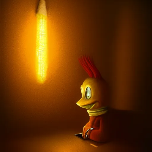 Image similar to Anthropomorphic corn cob using computer in a dark room, face illuminated, hyperrealistic, artstation, 8k, concept art, very detailed, hd, digital painting, shadows, dimly lit, dramatic lighting