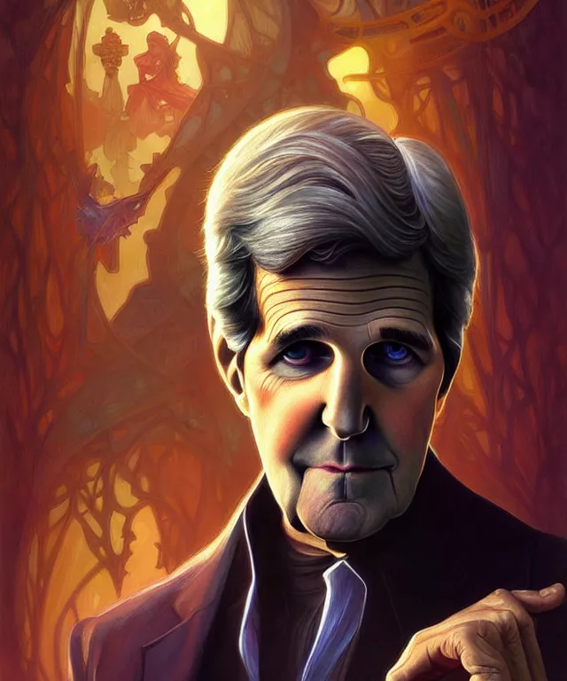 Image similar to John Kerry as a fantasy magic man portrait, sci-fi, amber eyes, face, fantasy, intricate, elegant, highly detailed, digital painting, artstation, concept art, smooth, sharp focus, illustration, art by artgerm and greg rutkowski and alphonse mucha