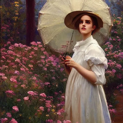 Image similar to thick paint brush strokes full body fashion model smiling emma watson by Jeremy Lipking by Hasui Kawase by Richard Schmid (((smokey eyes makeup eye shadow fantasy, glow, shimmer as victorian woman in a long white frilly lace dress and a large white hat having tea in a sunroom filled with flowers, roses and lush fern flowers ,intricate, night, highly detailed, dramatic lighting))) , high quality