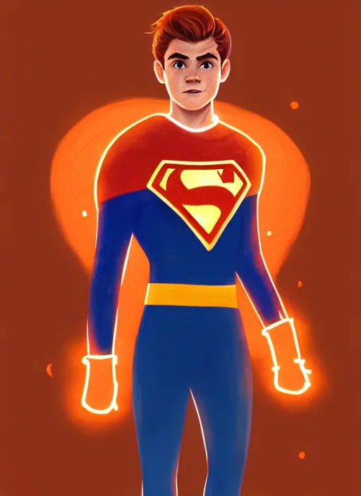 Image similar to kind teenage archie andrews wearing an orange superhero costume, freckles, superhero costume with heart emblem, cape, intricate, elegant, glowing lights, highly detailed, digital painting, artstation, sharp focus, illustration, art by wlop, mars ravelo and greg rutkowski