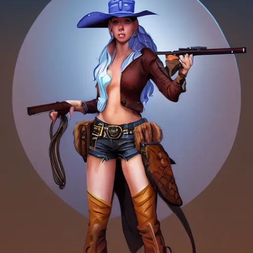 Image similar to full body, female cowgirl, perfect face, long rifle, 8 k, magic the gathering, d & d, artstation