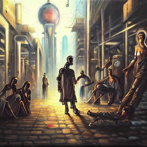 Image similar to beautiful detailed religious oil painting of a war between robotic cyborg Street kids and business people in suits, cyberpunk