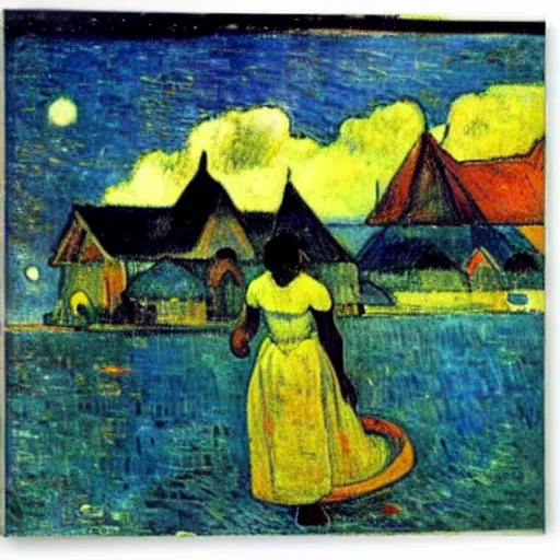 Prompt: view of tahiti at Night by gauguin, by piet mondrian