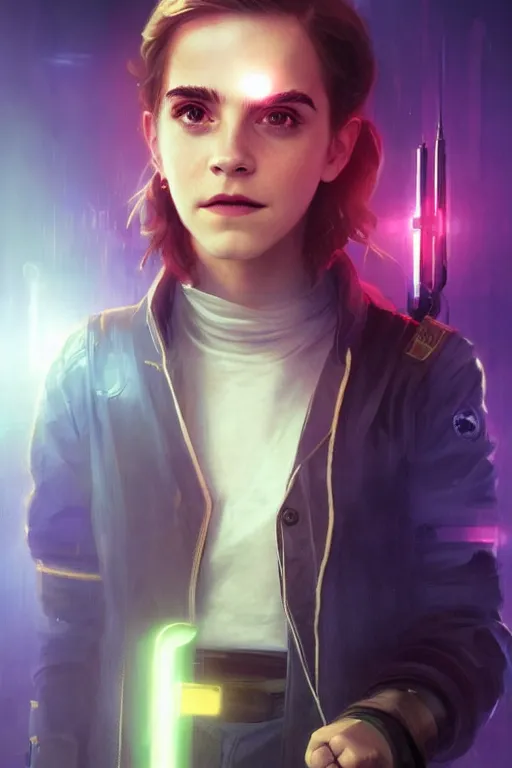 Image similar to portrait of cyborg Emma Watson as Hermione Granger in cyberpunk, neon lighting, night city, digital art from artstation by Ruan Jia and Mandy Jurgens and Artgerm and william-adolphe bouguereau and Greg Rutkowski and Wayne Barlowe