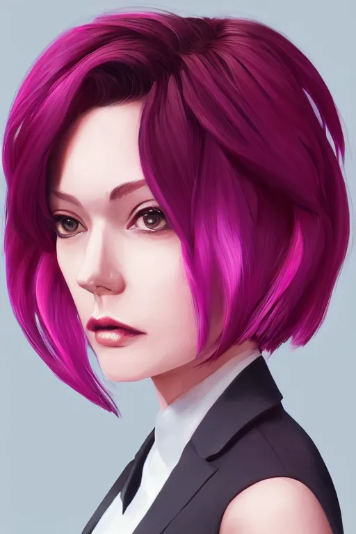 Image similar to a digital painting of a woman in a suit, with short magenta hair, face covered, a character portrait by artgerm, trending on artstation, fantasy art, ilya kuvshinov, artstation hd, artstation hq