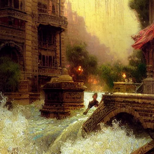 Image similar to waterfall flooding an entire city. victorian age. highly detailed painting by gaston bussiere, craig mullins, j. c. leyendecker